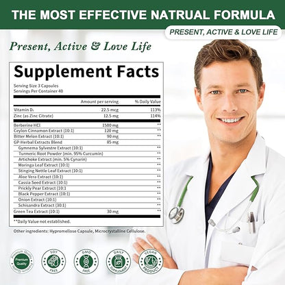 Berberine Supplement with Ceylon Cinnamon - 120 Count Berberine 1500mg Activates AMPK & GLP-1 Berberina HCL with Bitter Melon & Natural Herbs for Immune Support/Energy