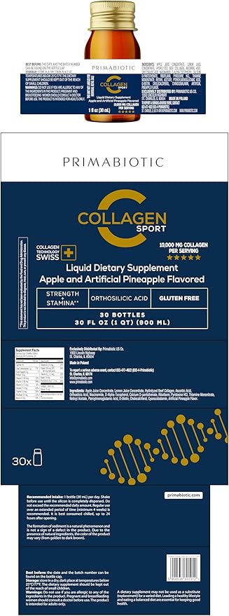 Liquid Collagen Sport- High Collagen Content [10,000 Mg] Per Serving - Hydrolyzed Collagen Drink and 12 Vitamins Orthosilicic Acid | Helps Bone Health, Hair, Nails | (30 Bottles x 30 ML)