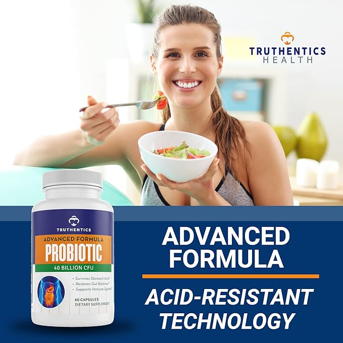 TRUTHENTICS Probiotic 40 Billion CFU with Prebiotics - Bifidobacterium Lactobacillus Acidophilus & Paracasei Probiotics for Men & Women - Gluten Free, Non-GMO, Shelf Stable - Made in USA - 60 Capsules