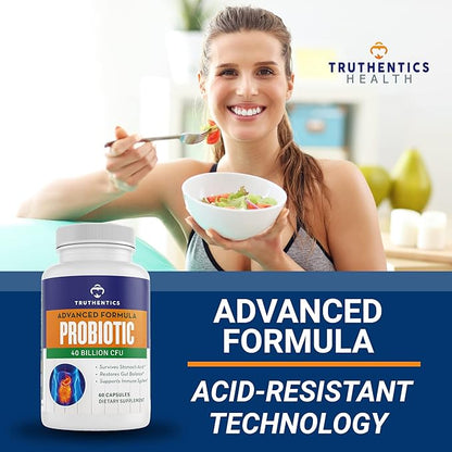 TRUTHENTICS Probiotic 40 Billion CFU with Prebiotics - Bifidobacterium Lactobacillus Acidophilus & Paracasei Probiotics for Men & Women - Gluten Free, Non-GMO, Shelf Stable - Made in USA - 60 Capsules