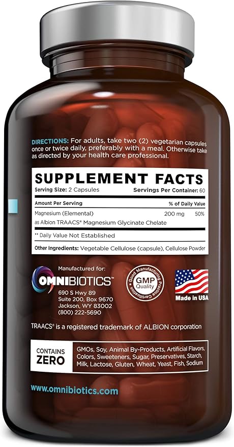 Magnesium Glycinate Supplement with Superior Absorption - Magnesium Supplement with 100% Pure Albion TRAACS Bisglycinate Chelate for Sleep, Heart Health, Nerves, & Muscles - Non-GMO 120 Vegan Capsules
