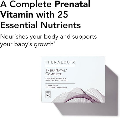 Theralogix TheraNatal Complete Prenatal Vitamin Supplement - 91-Day Supply - with DHA, Vitamin D3, Folate, Iodine, Choline, Iron, Vitamin B6 & More - NSF Certified - 182 Tablets & 91 Softgels
