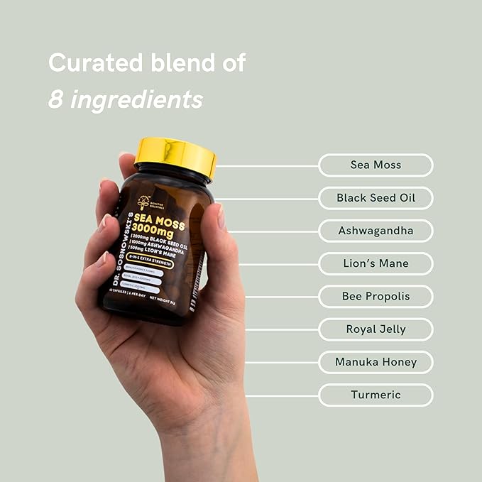 Dr Sosnowski's BioActive Sea Moss | 8-in-1 Formula Enriched with Black Seed, Ashwagandha, Turmeric, Manuka Honey, Lion's Mane, Royal Jelly, Bee Propolis Extract | 60 Capsules