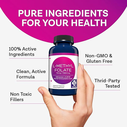 MD Life L-Methylfolate 7.5mg - Professional-Grade Active Methylfolate Supplement - Maximum Potency MTHFR Supplements - L-methylfolate 7.5 mg 60 Capsules - Essential Amino Acids