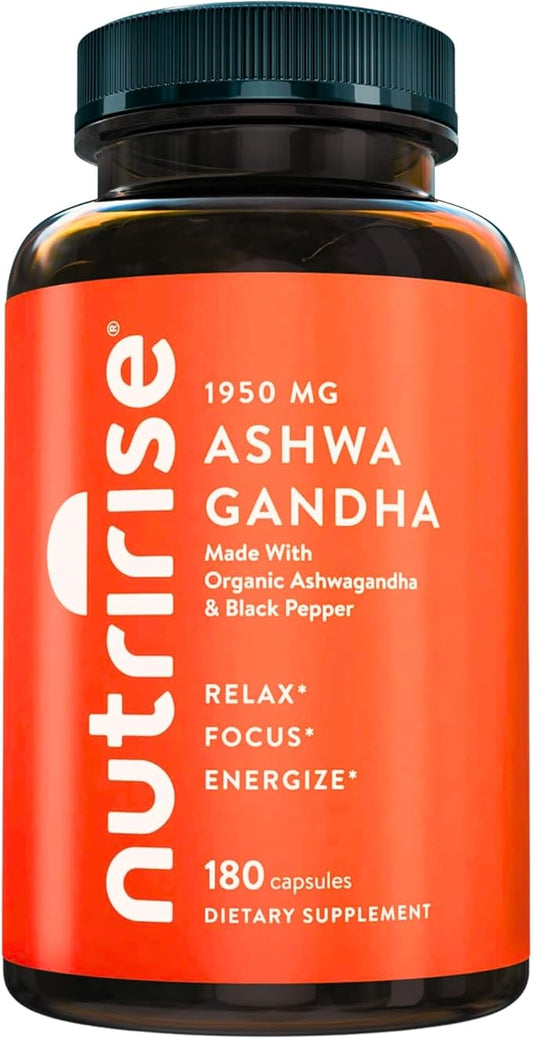 NutriRise Organic Ashwagandha Root Capsules with Black Pepper 1950mg, Natural Stress & Mood, Thyroid & Immune Support Supplement, Sleep Aid, Clarity, Focus & Energy, Gluten Free, 180 Count