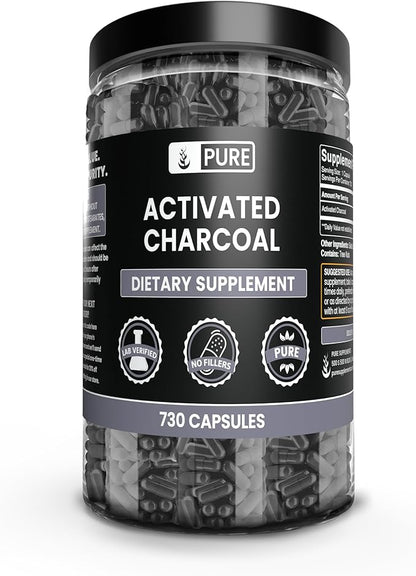 PURE ORIGINAL INGREDIENTS Activated Charcoal (730 Capsules) No Magnesium or Rice Fillers, Always Pure, Lab Verified
