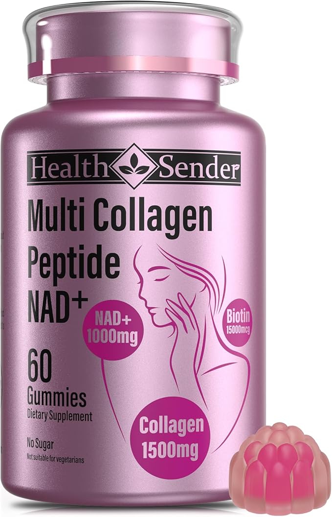 Hydrolyzed Collagen Peptide Filled Gummies, Add 1500mg Protein Type I,II,III,V,X,1000mg NAD 15000mcg Biotin Supplement for Sugar-Free Man&Woman,AI-Optimized HCL for Skin,Hair,Nails,Energy