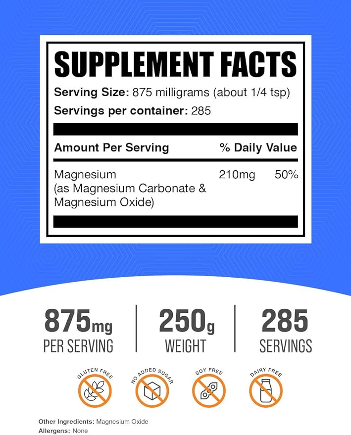 BulkSupplements.com Magnesium Carbonate Powder - Magnesium Carbonate Supplement, Magnesium Carbonate Food Grade - Gluten Free, 875mg per Serving, 250g (8.8 oz) (Pack of 1)