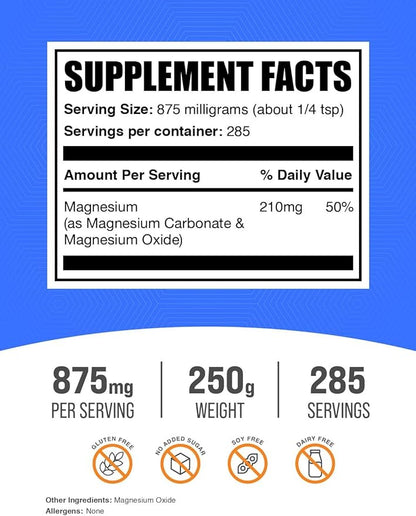 BulkSupplements.com Magnesium Carbonate Powder - Magnesium Carbonate Supplement, Magnesium Carbonate Food Grade - Gluten Free, 875mg per Serving, 250g (8.8 oz) (Pack of 1)