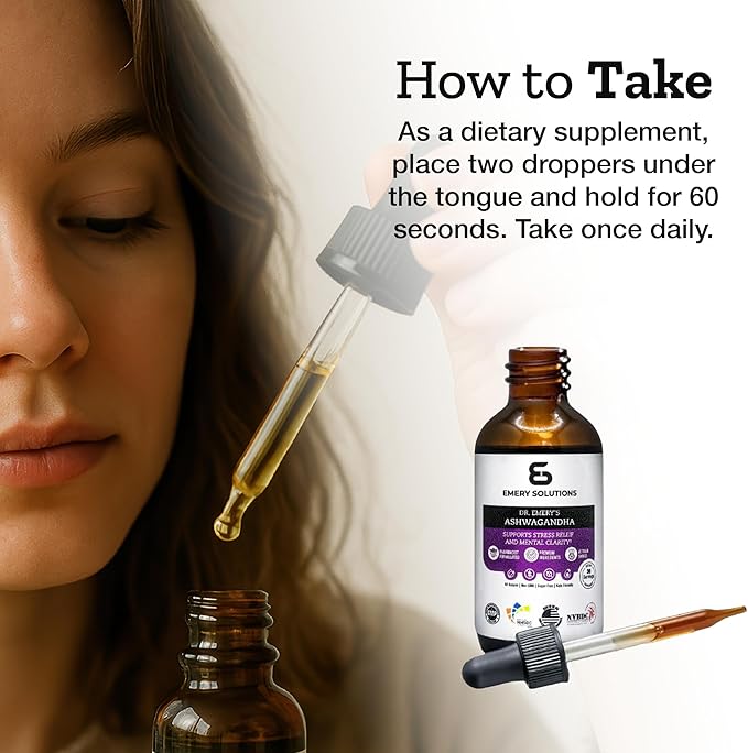 Dr. Emery's Ashwagandha Liquid Drops Organic Extract Supplement for Relaxation, Mental Clarity, Natural Calm, and Mood, Vegan, Made in USA, 30 Day Supply