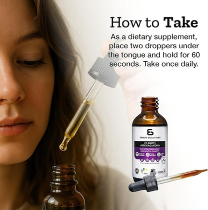 Dr. Emery's Ashwagandha Liquid Drops Organic Extract Supplement for Relaxation, Mental Clarity, Natural Calm, and Mood, Vegan, Made in USA, 30 Day Supply