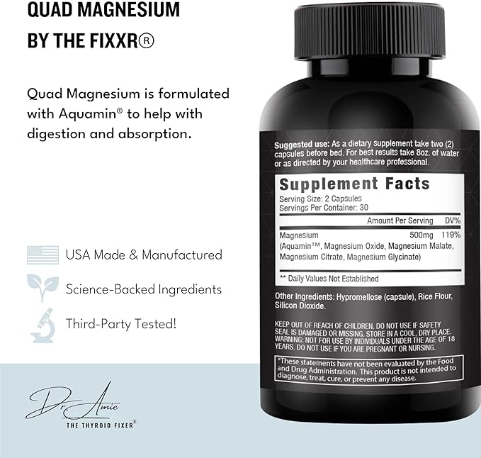 Quad Magnesium by Dr. Amie | 4 Forms of Magnesium 500 mg per Serving | Formulated with Aquamin to Help with Digestion and Absorption | 30 Day Supply, 60 Capsules