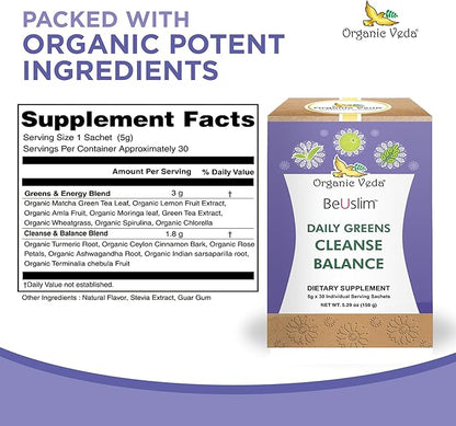 Organic Veda BeUslim Daily Greens Cleanse Balance with Ashwagandha, Spirulina - Super Greens Dietary Supplement - Promotes Digestion - 5gx30 Sachets