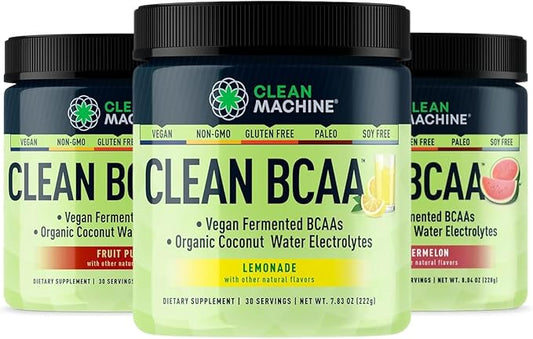 Clean BCAA - 2:1:1 Food Sourced BCAAs Powder & Coconut Water Electrolytes Recovery & Amino Energy Supplement - Award Winning Vegan Amino Acid Supplement - 90 Servings (3 Pack, Variety)