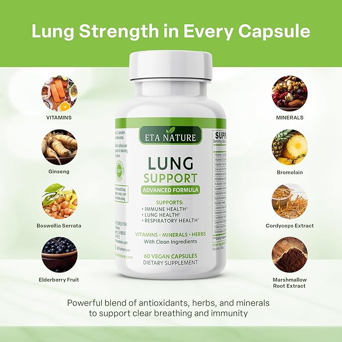 Lung Support Supplement - Lung Health Supplement for Respiratory Health, Lung Function & Immune Defense - Lung Detox for Smokers with Ginseng, Boswellia, Elderberry Fruit & Marshmallow Root