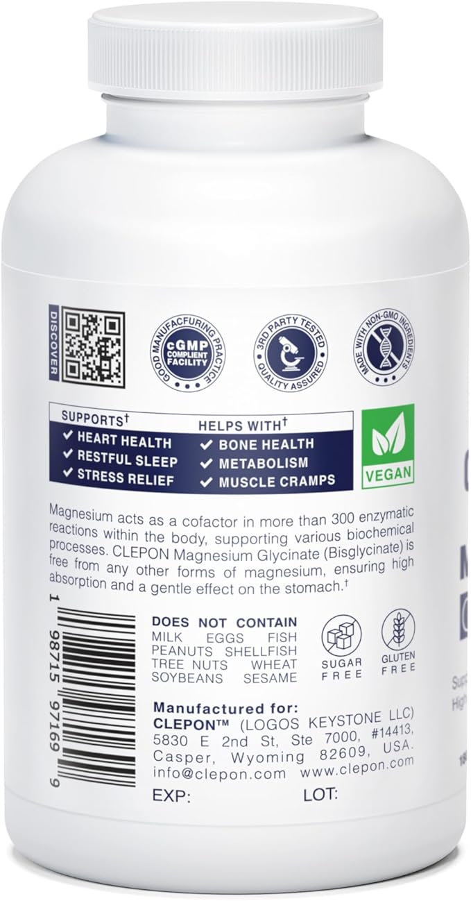 Magnesium Glycinate - Chelated, Highly Absorbable & Gentle on Stomach - Supplement for Heart & Bone Health, Restful Sleep, Stress Relief, Muscles & Nerves - Gluten-Free, Non-GMO, Vegan (180 Capsules)