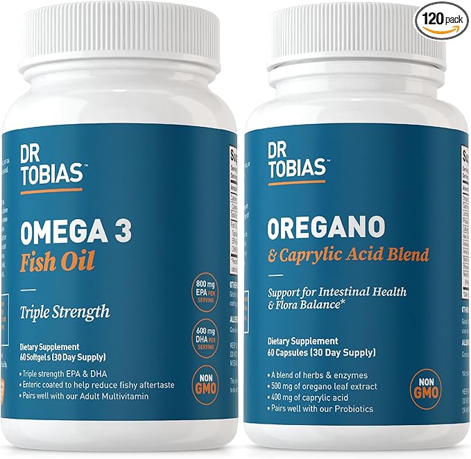 Dr. Tobias Omega 3 Fish Oil and Oregano & Caprylic Acid Supplements, Supports Heart, Brain, Immune with Gut Flora Balance Complex & Intestinal Health for Women & Men