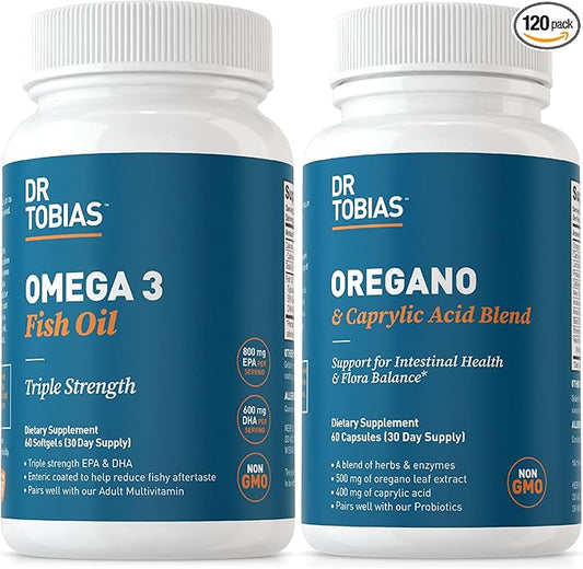 Dr. Tobias Omega 3 Fish Oil and Oregano & Caprylic Acid Supplements, Supports Heart, Brain, Immune with Gut Flora Balance Complex & Intestinal Health for Women & Men