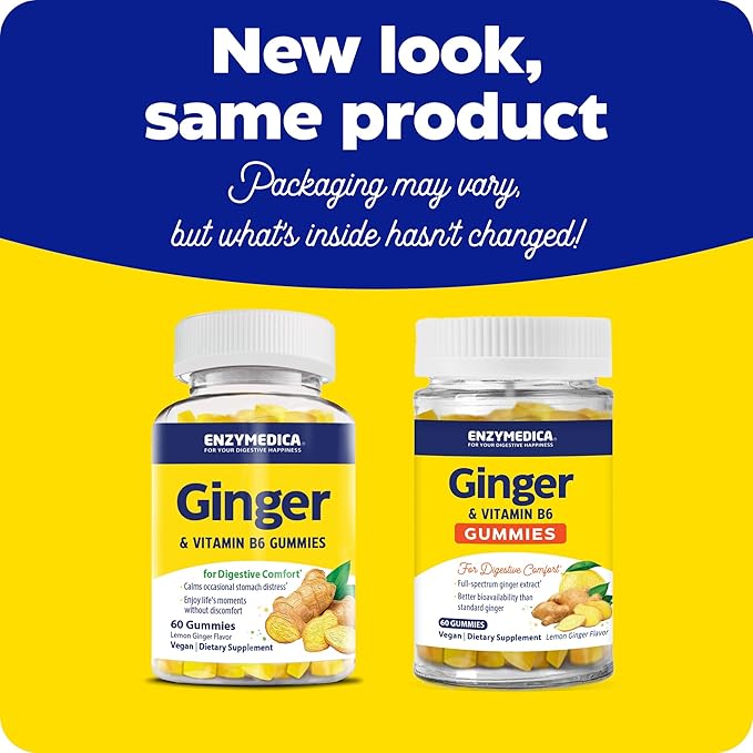 Enzymedica, Ginger & Vitamin B6 Gummies, Support for Occasional Nausea & Indigestion, High Potency, Equivalent to 200 mg Ginger Extract, 60 Count