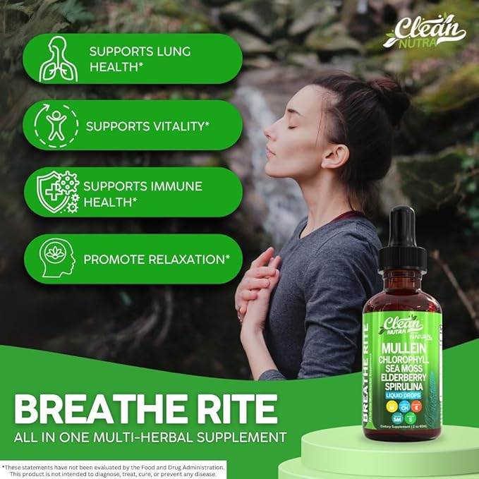 Clean Nutra Mullein Drops for Lungs Organic Chlorophyll Liquid Irish Sea Moss, Spirulina, Licorice, Tart Cherry Lobelia, Motherwort & Elderberry Mullein Leaf Extract Tincture Men Women Supplement