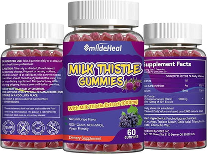 Milk Thistle Gummies, Milk Thistle Extract 1000mg, Liver Detox, Antioxidant Support, Non-GMOs, Non-Gluten, Vegan, Milk Thistle Supplement, 60 Count