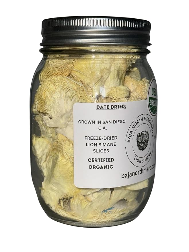 Freeze-Dried Lion's Mane Mushroom Fruiting Bodies | Can be rehydrated and cooked or used as supplement | Make into tincture, tea or powder | Grown in U.S.A | USDA Organic | in Vacuume Sealed Jar | 25 Year Shelf-Life