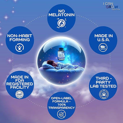 I Can Grow Night-Time Sleep Support for Kids 10+ & Teens | Magnesium Bisglycinate + GABA + L-Theanine | Non-Habit Forming | No Melatonin | Natural Calm & Recovery Formula | Vitaminas para Niños