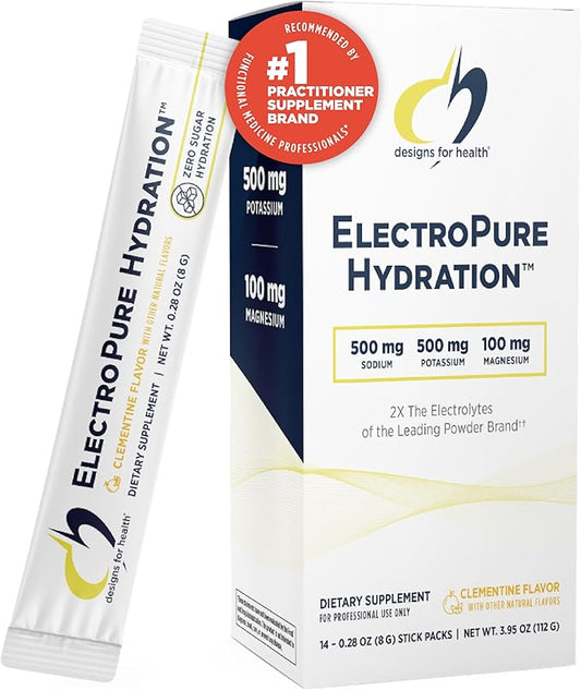 Designs for Health ElectroPure Hydration Packets - Clementine-Flavored Electrolytes Powder, No Sugar - Drink Mix Packets with Vitamin C, Magnesium + Zinc - Hydrate + Replenish (14 Stick Packets)