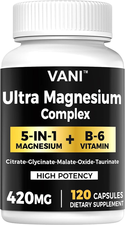 Magnesium Glycinate, （420mg） 5 in 1 Magnesium Complex & B6 Supplement for Nerve, Heart, Muscle Health & Relaxation*, Maximum Bioavailability & Absorption, Gluten Free, 120 Vegan Capsules