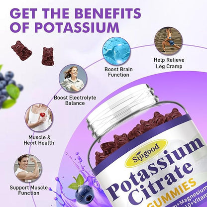 2 Pack Potassium Citrate Gummies, Potassium Supplement for Muscle Health, Leg Cramp Relief & Electrolyte Balance, Vegan, Non-GMO, Gluten-Free, Blueberry Flavor, 120 Count