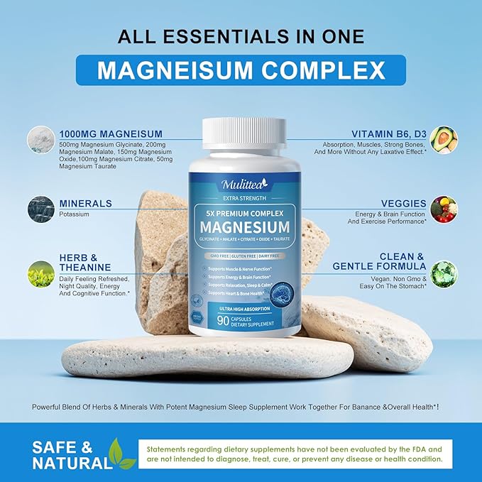 Magnesium Complex Chelated Magnesium Glycinate w/Malate, Taurate& Herbal Extracts for Support Sleep, Muscle,Cortisol & Heart Health, Gluten Free, Vegan, Non GMO, High Absorption, 90 Capsules