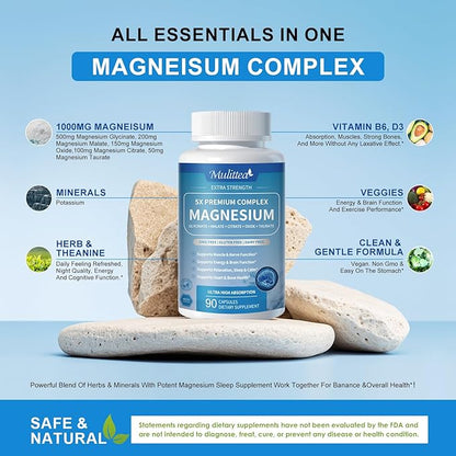 Magnesium Complex Chelated Magnesium Glycinate w/Malate, Taurate& Herbal Extracts for Support Sleep, Muscle,Cortisol & Heart Health, Gluten Free, Vegan, Non GMO, High Absorption, 90 Capsules