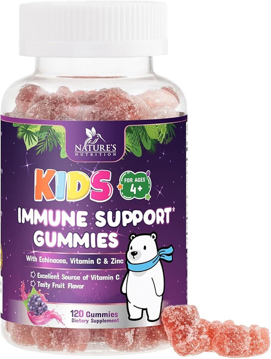 Kids Immune Support Gummy - Vitamin C, Zinc & Echinacea, Berry Flavor Children's Daily Immune Health Support Gummies for Ages 4 and Up, Nature's Vitamins for Kids, Vegan & Non-GMO - 120 Gummies