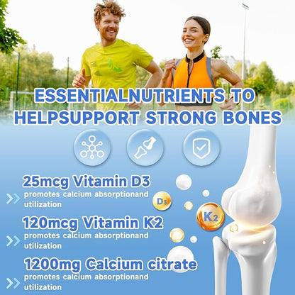 Calcium Citrate Gummies, Chewable Calcium Citrate 1200mg with Vitamin D3 & K2, Magnesium, Zinc for Women & Men, Supports Bone & Muscle Health, Boosts Immunity, Sugar-Free,Gluten-Free, Vegan, 60 Count