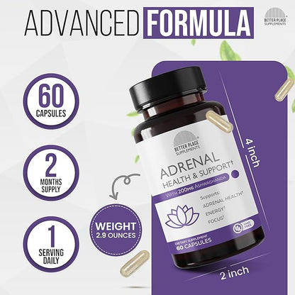 Better Place Supplements Adrenal Health & Support - 60 Capsules | Non-GMO Formula with L-Tyrosine & 200mg Ashwagandha | Supports Energy, Focus, Fatigue Relief (1)