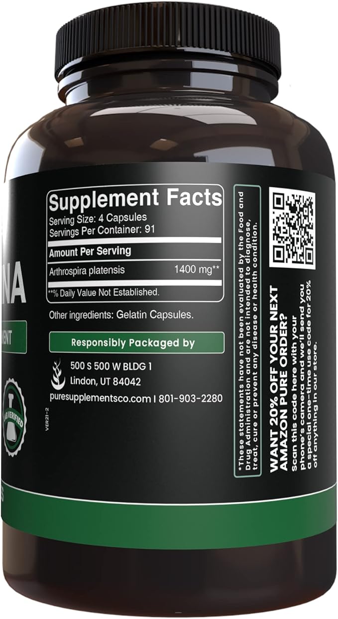 Pure Original Ingredients Spirulina (365 Capsules) No Magnesium Or Rice Fillers, Always Pure, Lab Verified