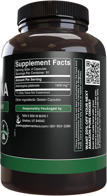 Pure Original Ingredients Spirulina (365 Capsules) No Magnesium Or Rice Fillers, Always Pure, Lab Verified