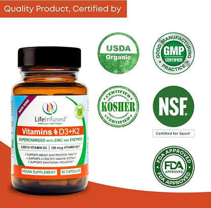 Life Infused Vitamin D3 + K2 Supercharged with Zinc and Enzymes, Help Maintain Healthy Immune System, Bone Health, Emotional Wellbeing, 90 Capsules.