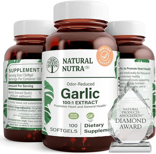 Natural Nutra Odorless Garlic Oil Supplement, Organic Pills for Boost Heart Health & Skin Health, Enhance Immune System, Reduce Cyclical Issue, Maintain Body Fat Oil, Allium Sativum 500mg,100 Softgels