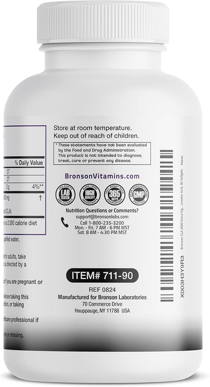 Bronson CLA 3000 Extra High Potency Supports Healthy Weight Management Lean Muscle Mass Non-Stimulating Conjugated Linoleic Acid, 90 Softgels