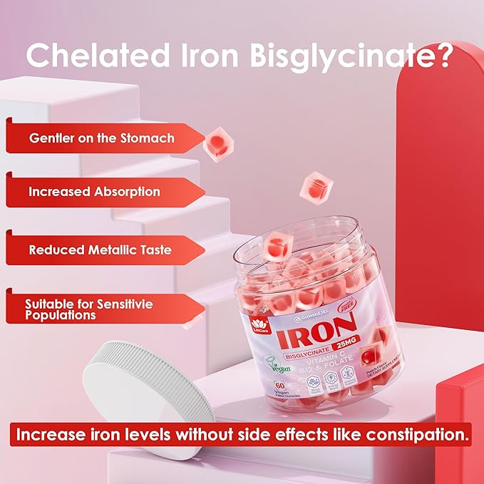 Women's Vegan Iron Supplement 25mg, Sugar Free Iron Gummies with Vitamin C, Methy B12, Folate for Energy Boost, Non-Constipating, No After Taste, Peach Flavor - 60 Count (Pack of 1)