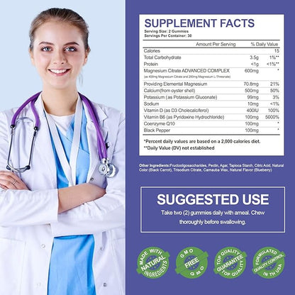 Potassium Magnesium Gummies for Adults Kids, High Absorption Potassium Citrate 99mg Magnesium Citrate 400mg, Chewable Gummy Supplements for Leg & Muscle Health, Blueberry, 60 Count