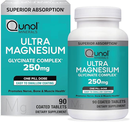 Qunol Magnesium Glycinate Complex, Gentle on Stomach, 250mg One Pill Dose, Superior-Absorption Magnesium, Nerve, Bone and Muscle Health Supplement, 90 Count (Pack of 1)