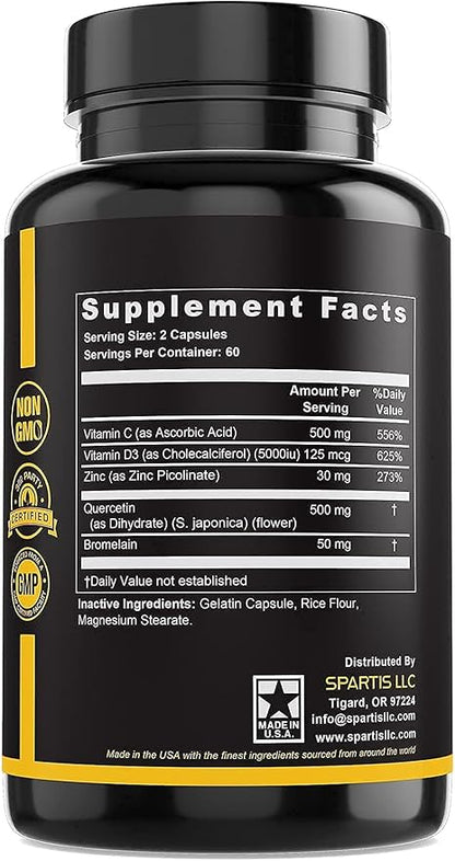 Zinc Quercetin 500mg with Vitamin C Vitamin D3 Bromelain Immune Support High Potency Quercetin Zinc Supplement ZQV by SPARTIS (Pack of 1 Bottle at 120-Caps)