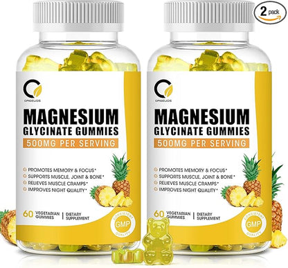 (2 Pack) Magnesium Glycinate Gummies, High-Absorption Magnesium Supplement with Calcium & Vitamins, Support Bone, Muscle, Night, Memory & Mood, Vegan, Non-GMO, 60 Counts, Pineapple Flavor
