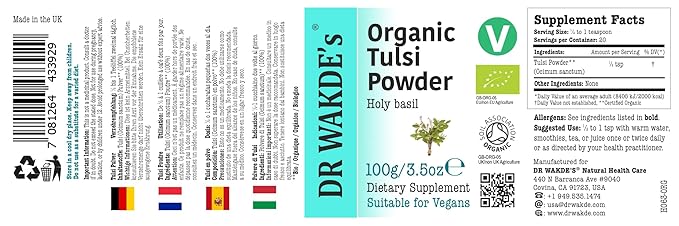 DR WAKDE'S Tulsi Powder (Holy basil | Ocimum sanctum) - 100g (3.5oz) | Pure, Raw & Dried Powder | Natural Aroma and Freshness | Fine Powder | Vegan | Premium Grade | Nothing Added, Nothing Removed