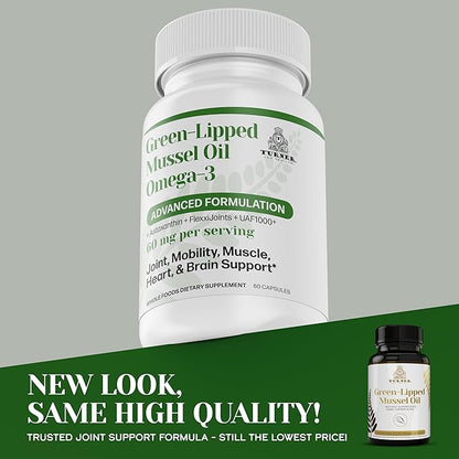 TURNER New Zealand Green Lipped Omega-3 Mussel Oil, 53x Higher Potency with UAF1000+ Super Antioxidant for Superior Joint Comfort & Mobility, No Fishy Aftertaste, 3 Bottles, 180 Softgels