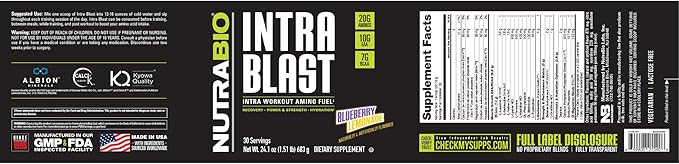 NutraBio Intra Blast Bcaa Powder Amino Acid Supplement, Electrolyte & Hydration Blend, Intra, Pre Workout & Muscle Recovery, 20g Eaa Amino Acids Powder, 5g Glutamine- Blueberry Lemonade, 30 Serving