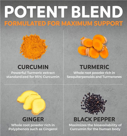 USDA Organic Turmeric Curcumin with Black Pepper and Ginger (2 Month Supply) Joint Support Supplement with Tumeric and Ginger Root Powder - Organic Turmeric Supplement - 60 Vegan Capsules (No Pills)