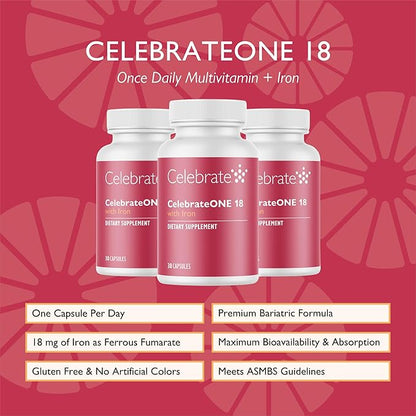Celebrate Vitamins CelebrateONE 18, 18mg Iron - One A Day Bariatric Multivitamin, Essential Vitamins & Minerals - Gastric Bypass & Sleeve Gastrectomy Supplement (90 Capsules)